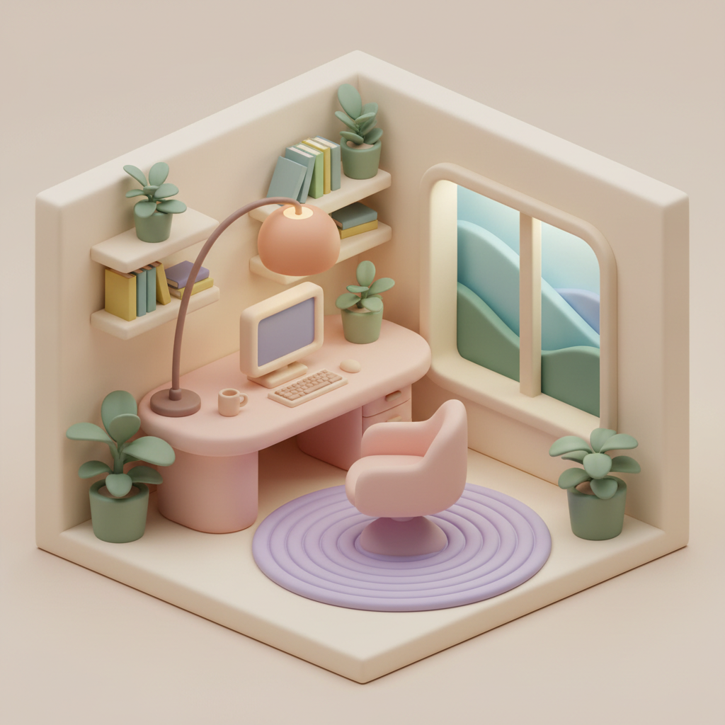 Isometric 3D clay render of a cozy home office, generated from a text prompt
