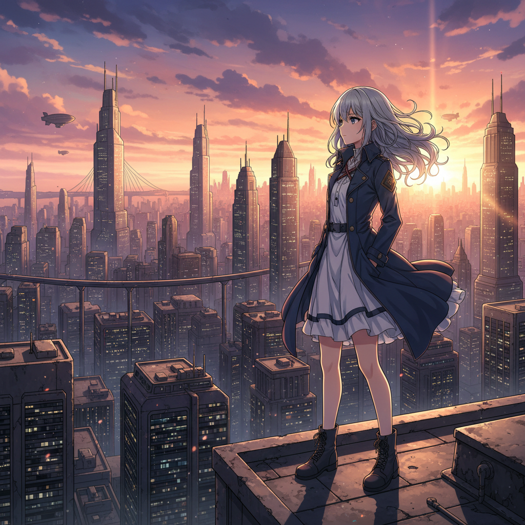 Anime illustration of a silver-haired girl on a rooftop at sunset, generated from a text prompt