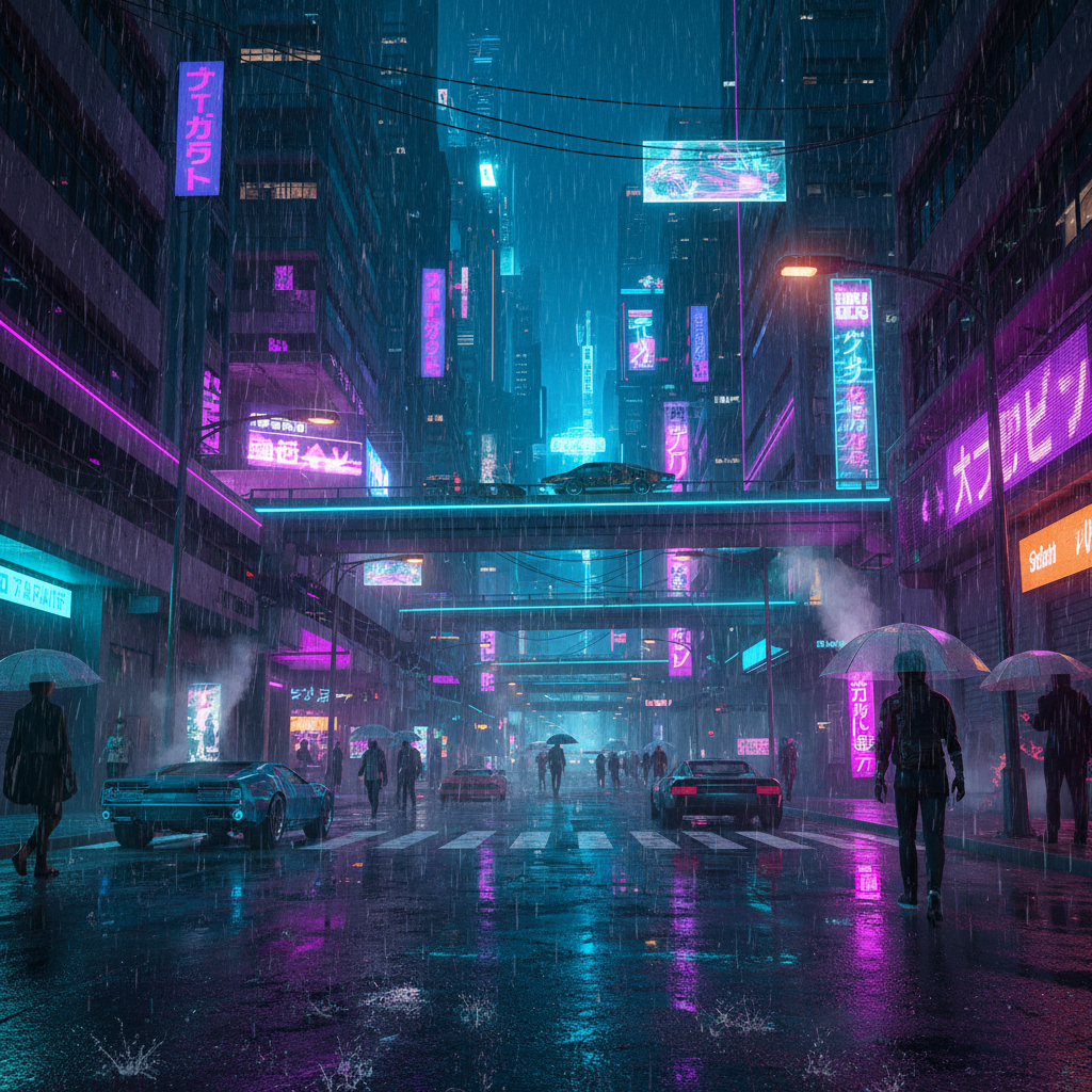 Cyberpunk neon street in the rain, generated from a text prompt