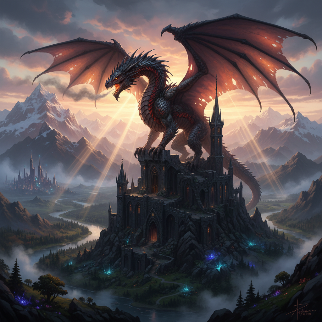 Fantasy painting of a dragon on a mountain castle at dawn, generated from a text prompt