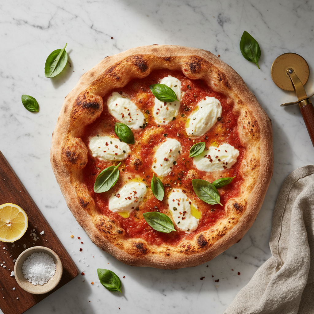 Overhead photograph of a sourdough pizza on marble, generated from a text prompt