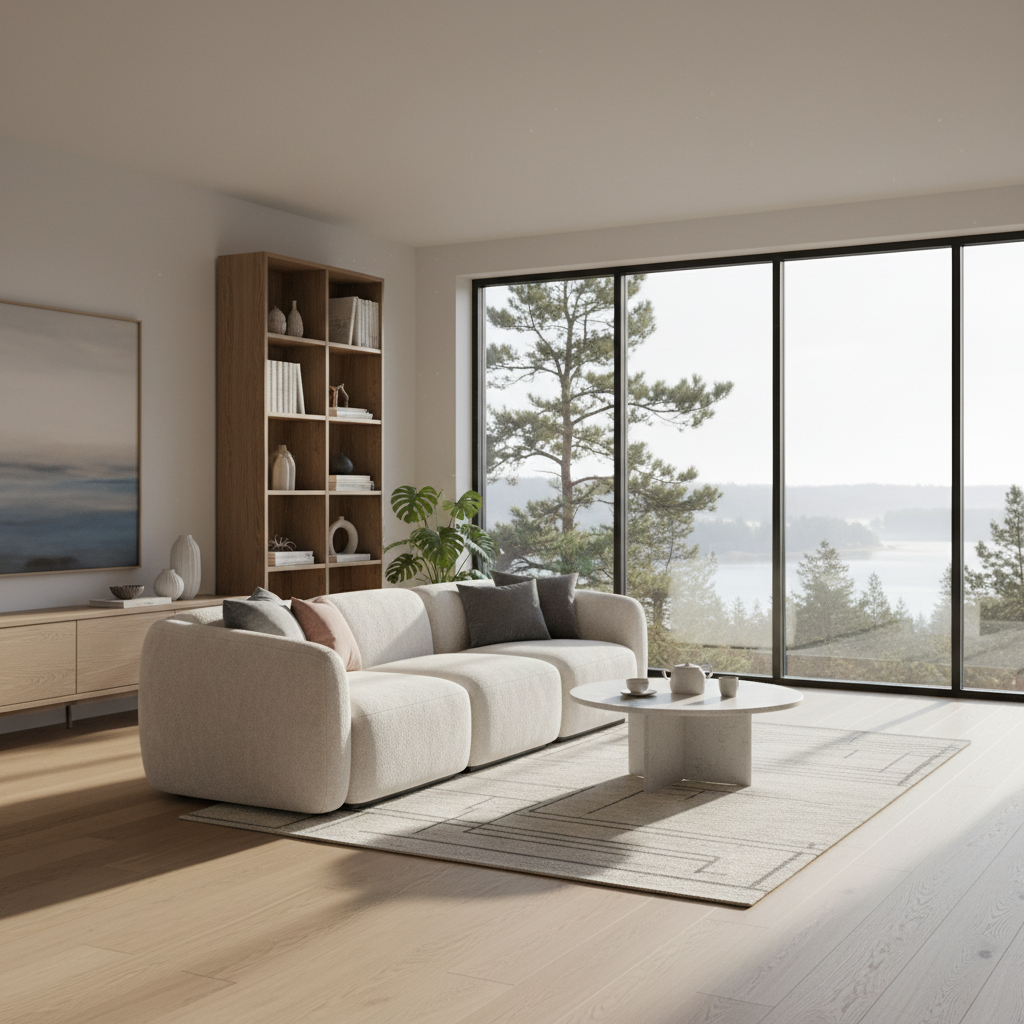 Scandinavian living room interior with morning light, generated from a text prompt