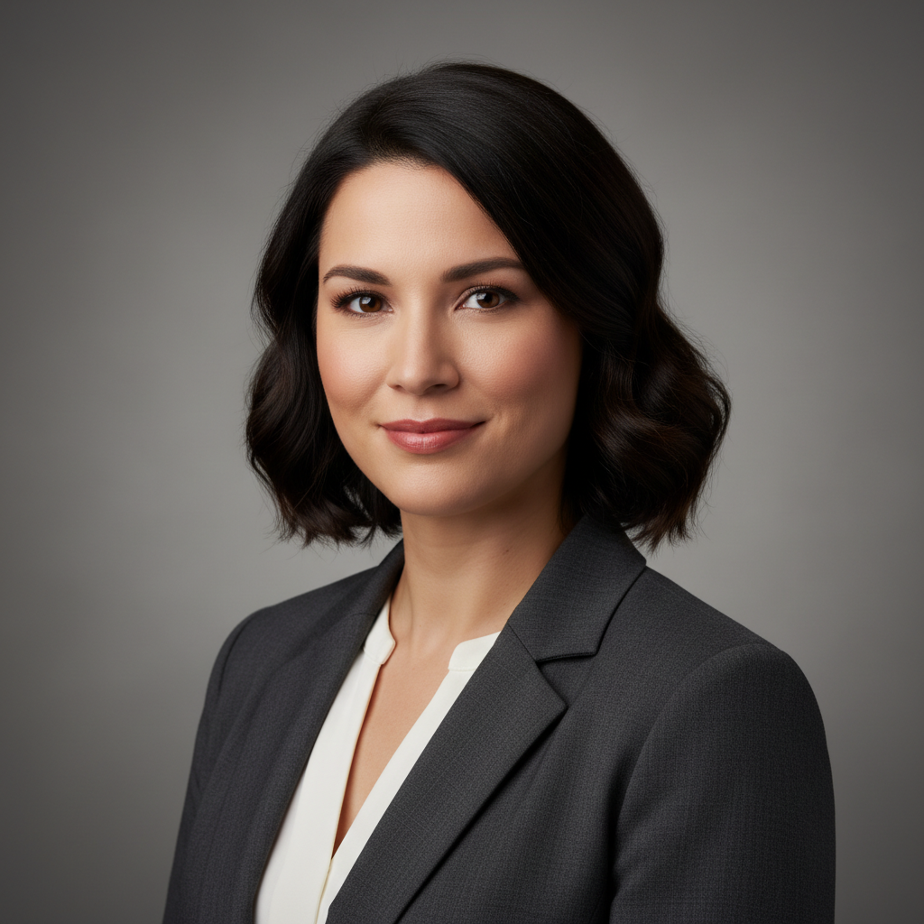 Studio headshot of a woman in a charcoal blazer, generated from a text prompt