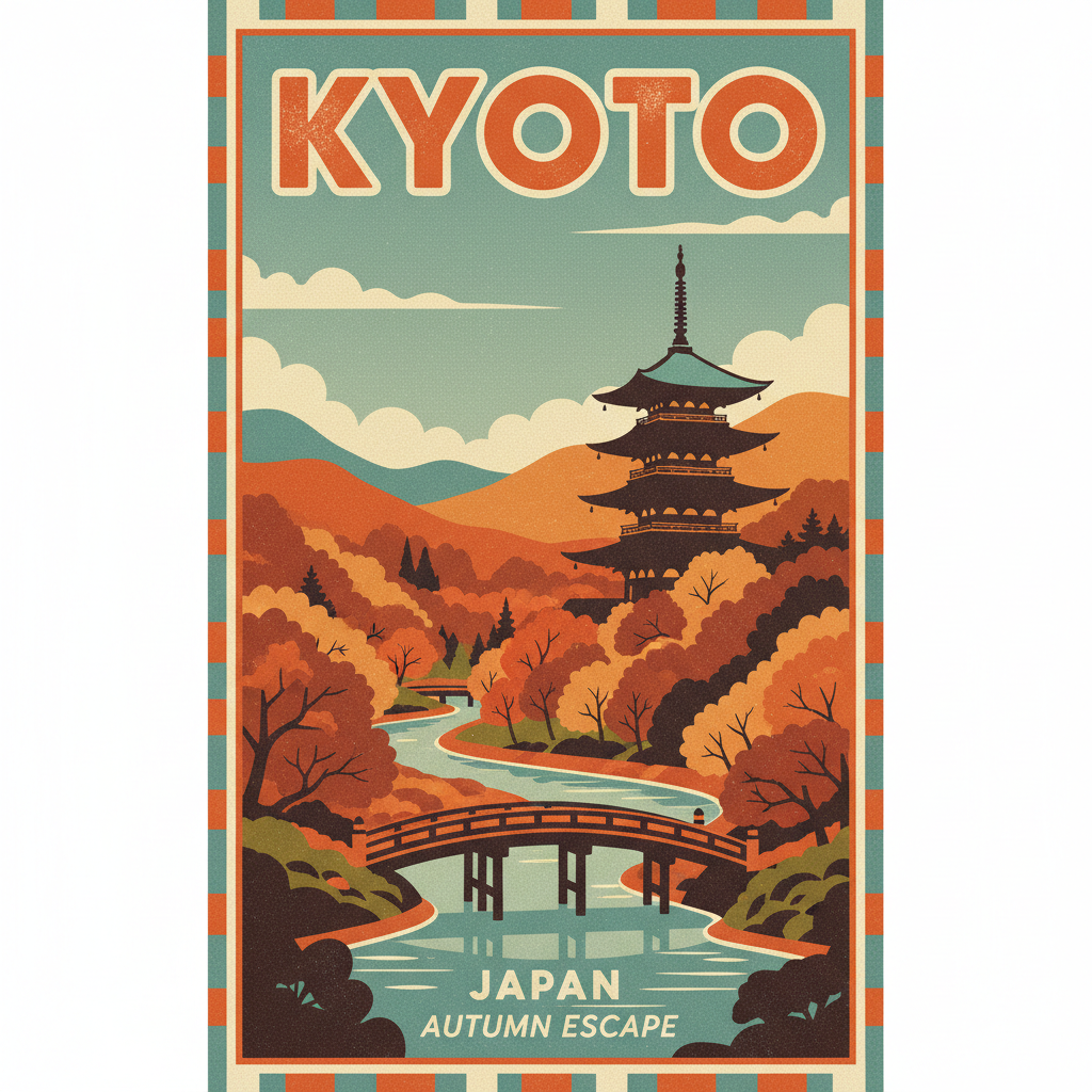 Retro 1970s Kyoto travel poster in orange and teal, generated from a text prompt