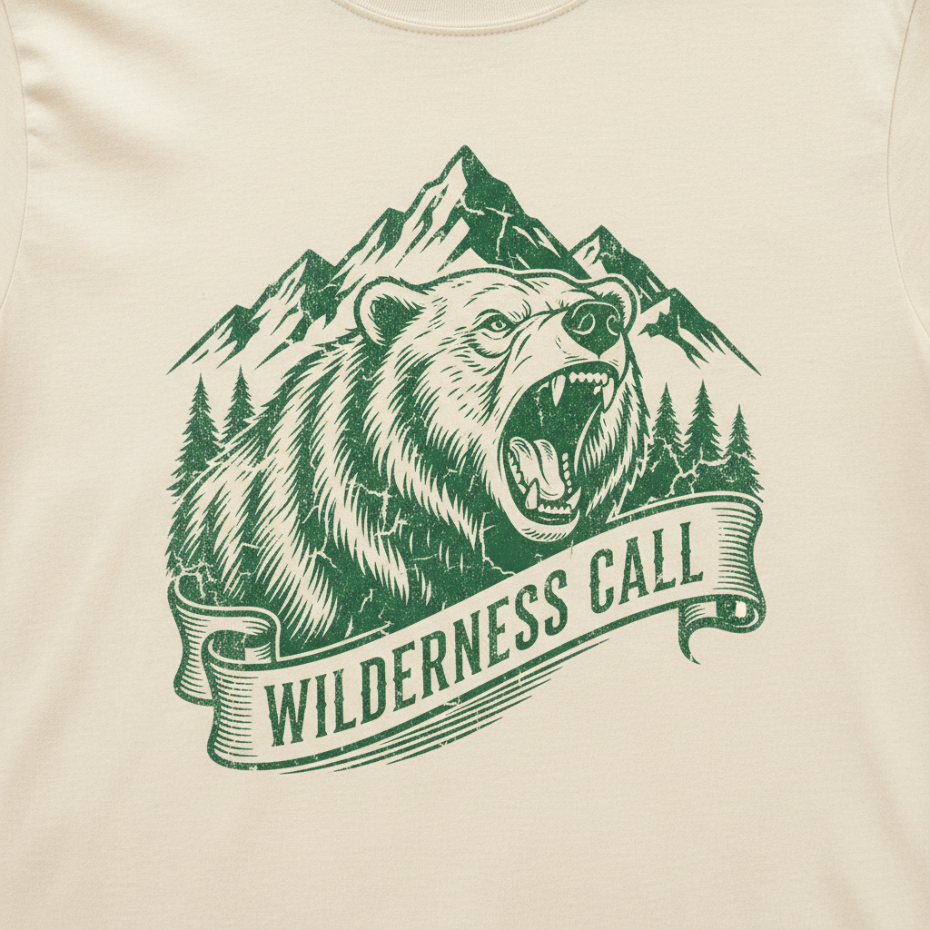 Vintage bear and mountain graphic tee design, generated from a text prompt