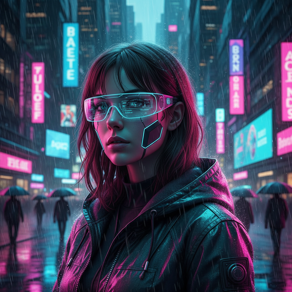 Cyberpunk portrait with neon pink and cyan lighting, generated from a text prompt