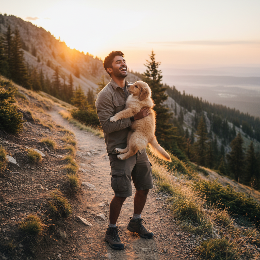 Candid outdoor photo with a golden retriever puppy, generated from a text prompt
