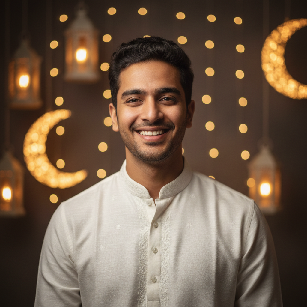 Festive Eid portrait with lantern bokeh, generated from a text prompt