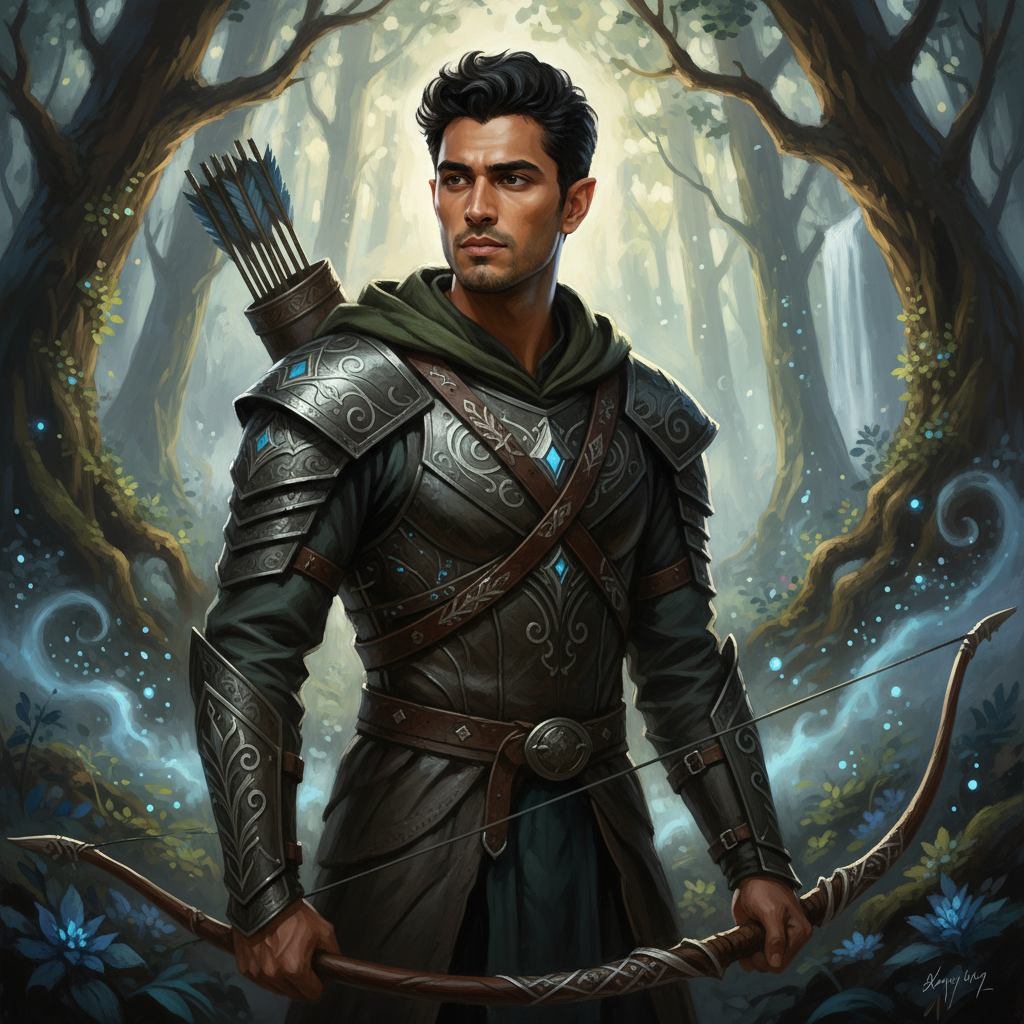 Fantasy oil painting of an elven ranger, generated from a text prompt