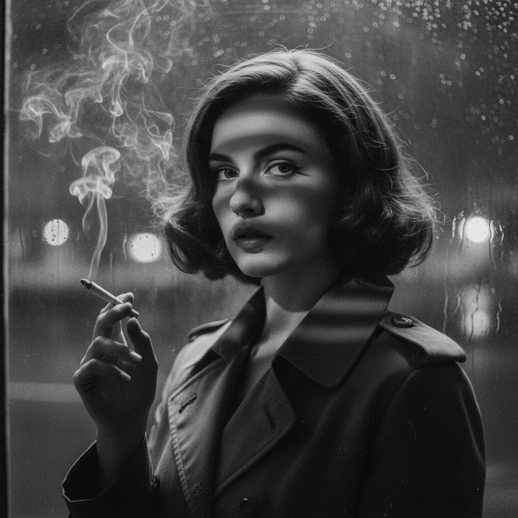 1950s film noir portrait in black and white, generated from a text prompt