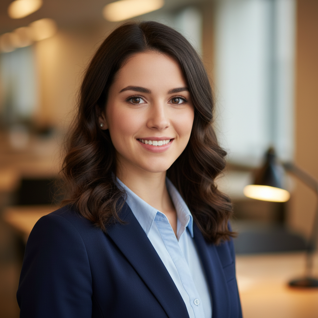 LinkedIn business headshot of a woman in a navy blazer, generated from a text prompt