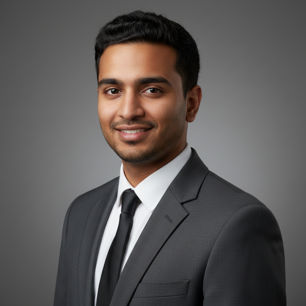 Professional studio headshot of a man in a charcoal suit, generated from a text prompt