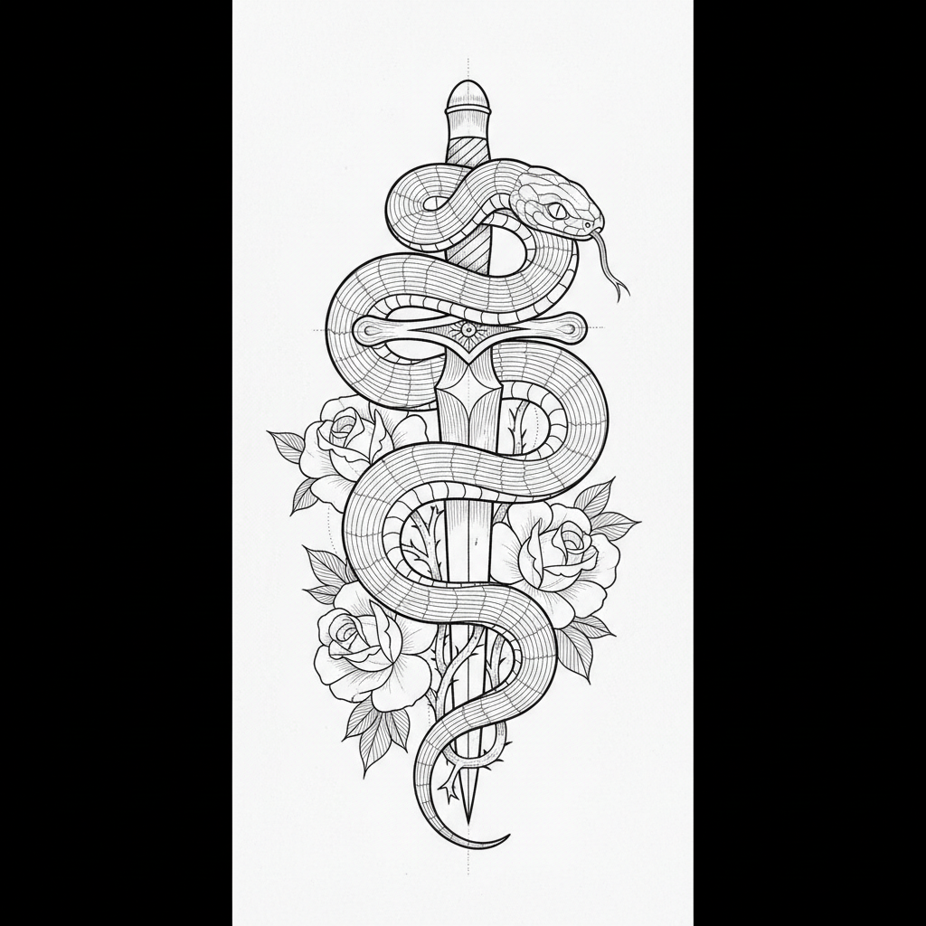 Fine-line snake and dagger tattoo design, generated from a text prompt