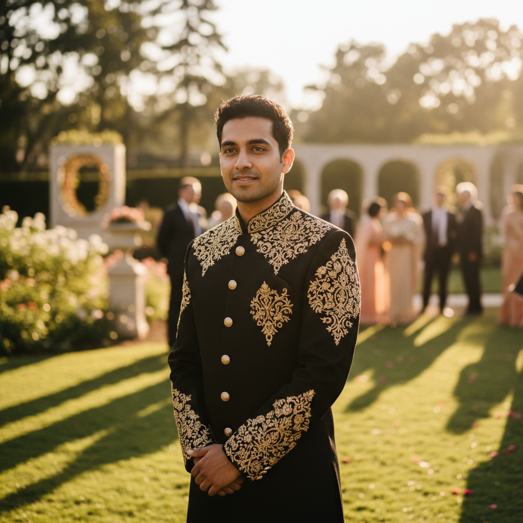 Wedding portrait in a black and gold sherwani at golden hour, generated from a text prompt