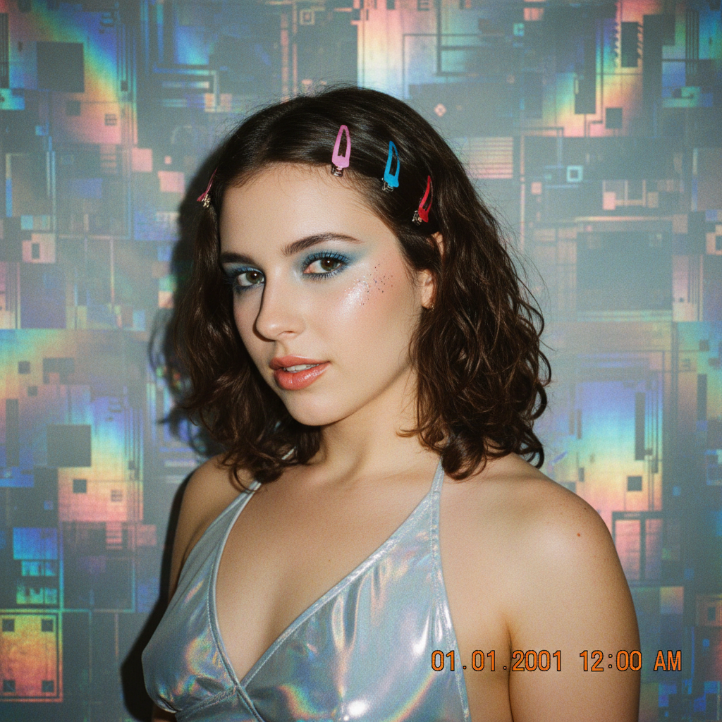 Y2K aesthetic flash photo with holographic background, generated from a text prompt
